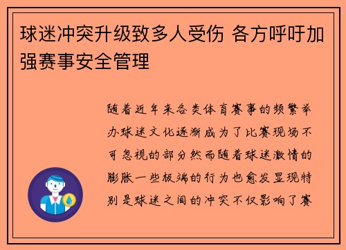 球迷冲突升级致多人受伤 各方呼吁加强赛事安全管理
